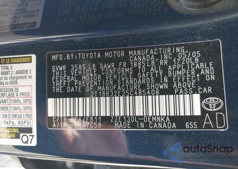 2005 Toyota Corolla Le from USA, damaged, VIN 2T1BR32E25C485408